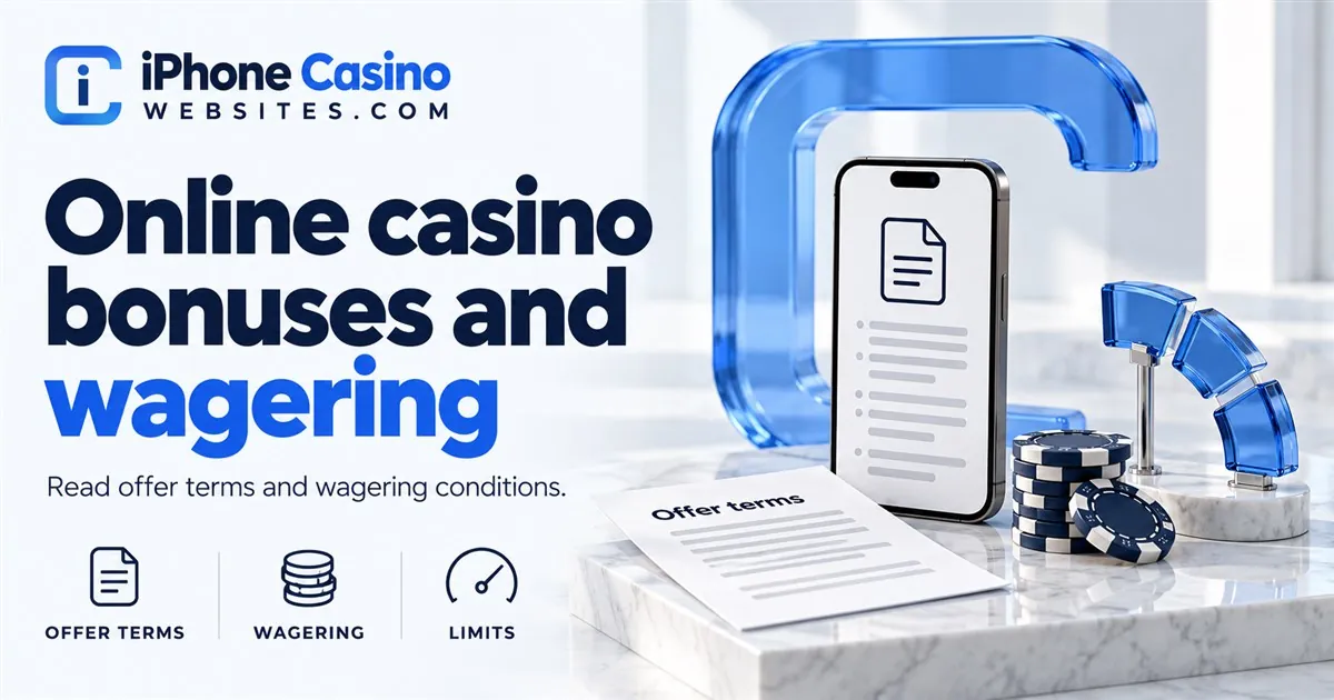 A phone displaying terms beside a document, casino chips and a segmented blue wagering counter.