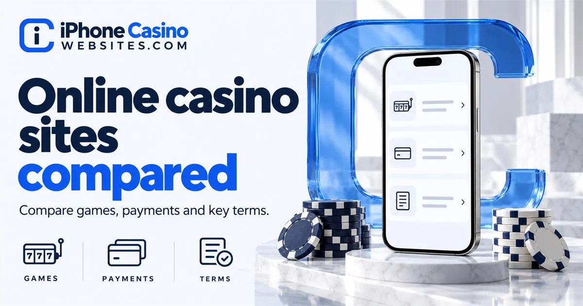 A smartphone with comparison rows beside balanced navy and ivory casino chip sets.