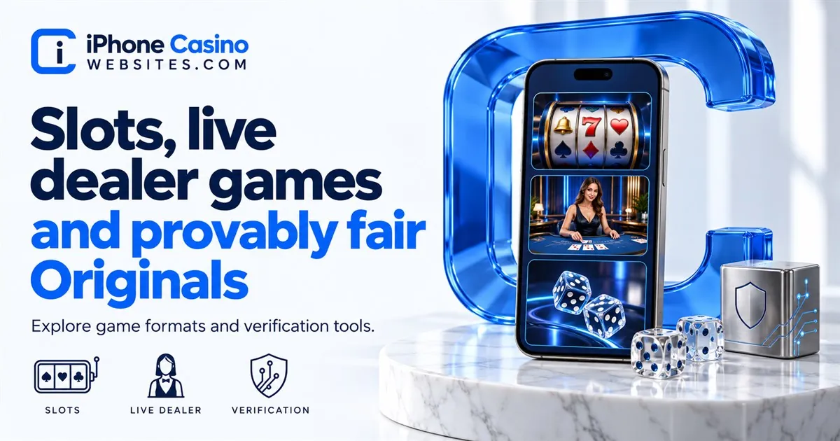 A phone displaying slots, live dealer and dice tiles beside crystal dice and a verification device.