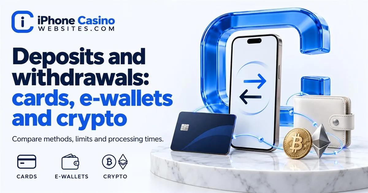 A phone with transfer arrows beside a payment card, wallet, Bitcoin coin and Ethereum crystal.
