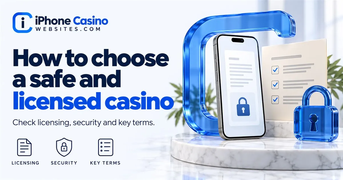 A smartphone, generic licence checklist and sapphire lock illustrating casino safety checks.